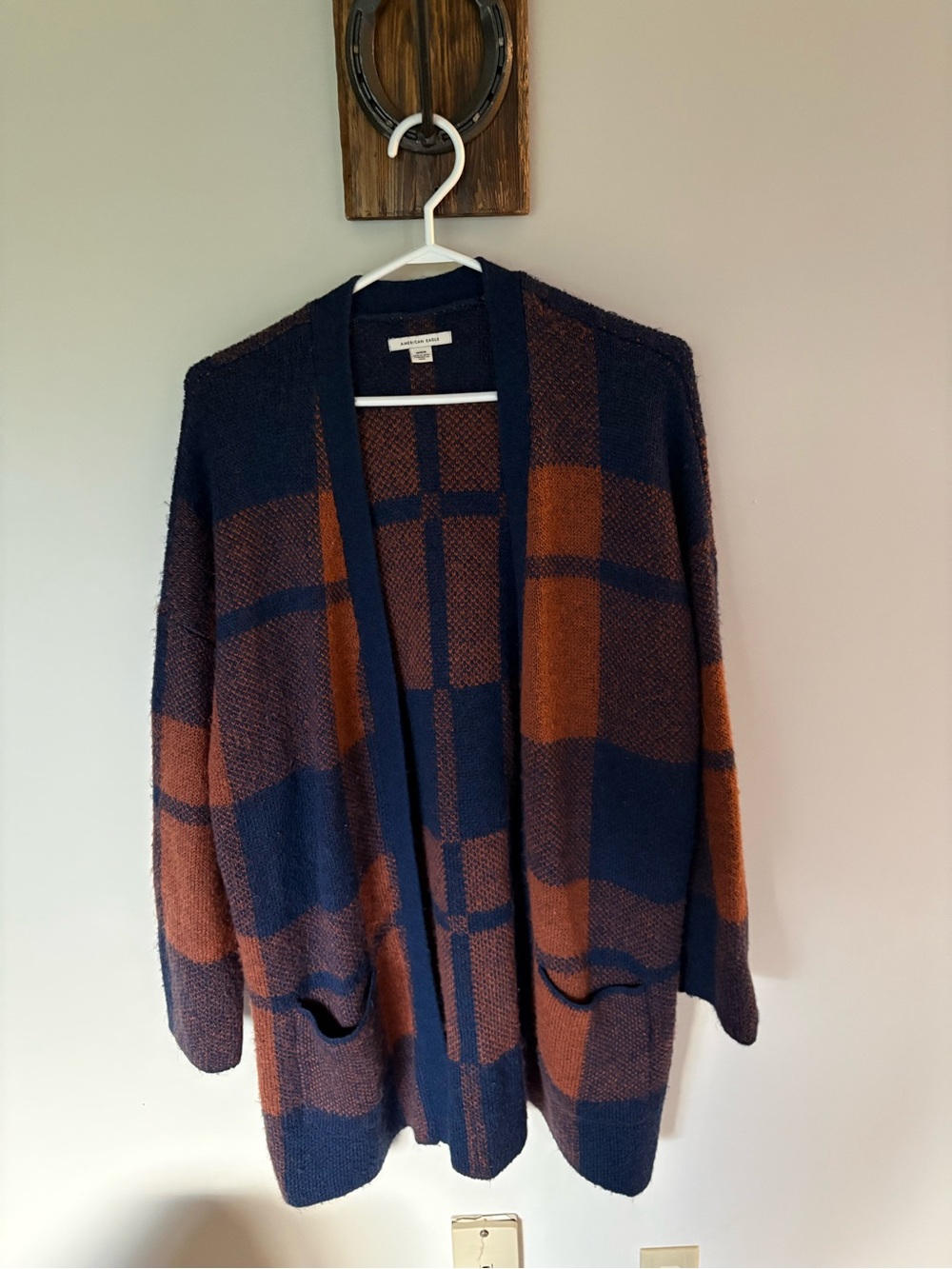 American Eagle Open-Front Plaid Knit Cardigan Sweater - Navy & Rust